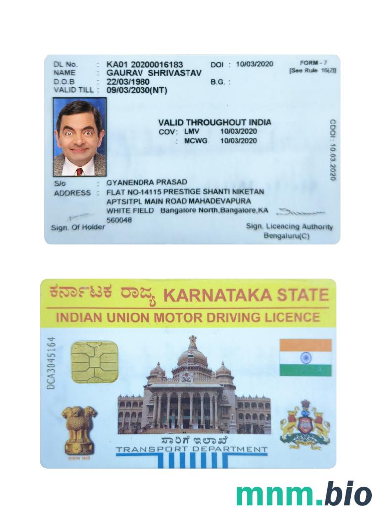 Indie Karnataka state motor driving license szablon w formacie PSD, ze wszystkimi czcionkami